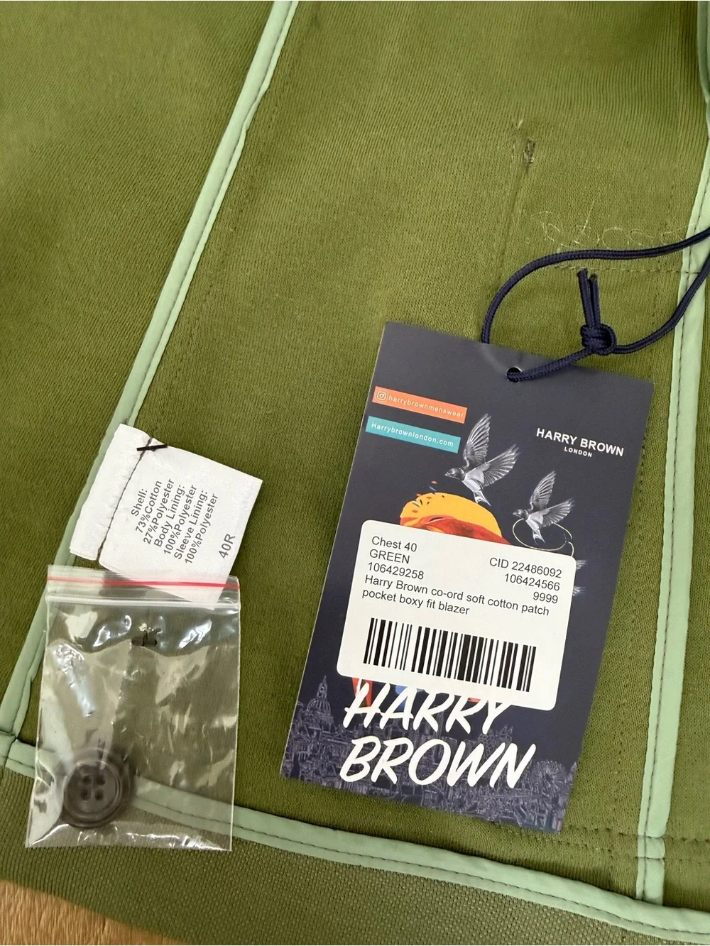 Harry Brown/Blazer/Mens/Sz.40Reg./Green/Patch Pocket/Boxy Fit/One Button/Soft/